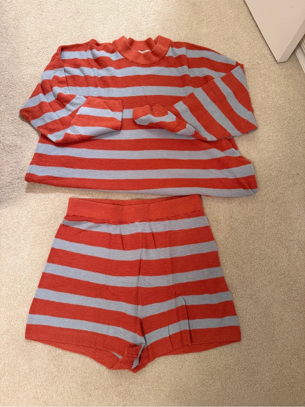 Free People Red and Light Blue Striped Knit Sweater and Shorts Set